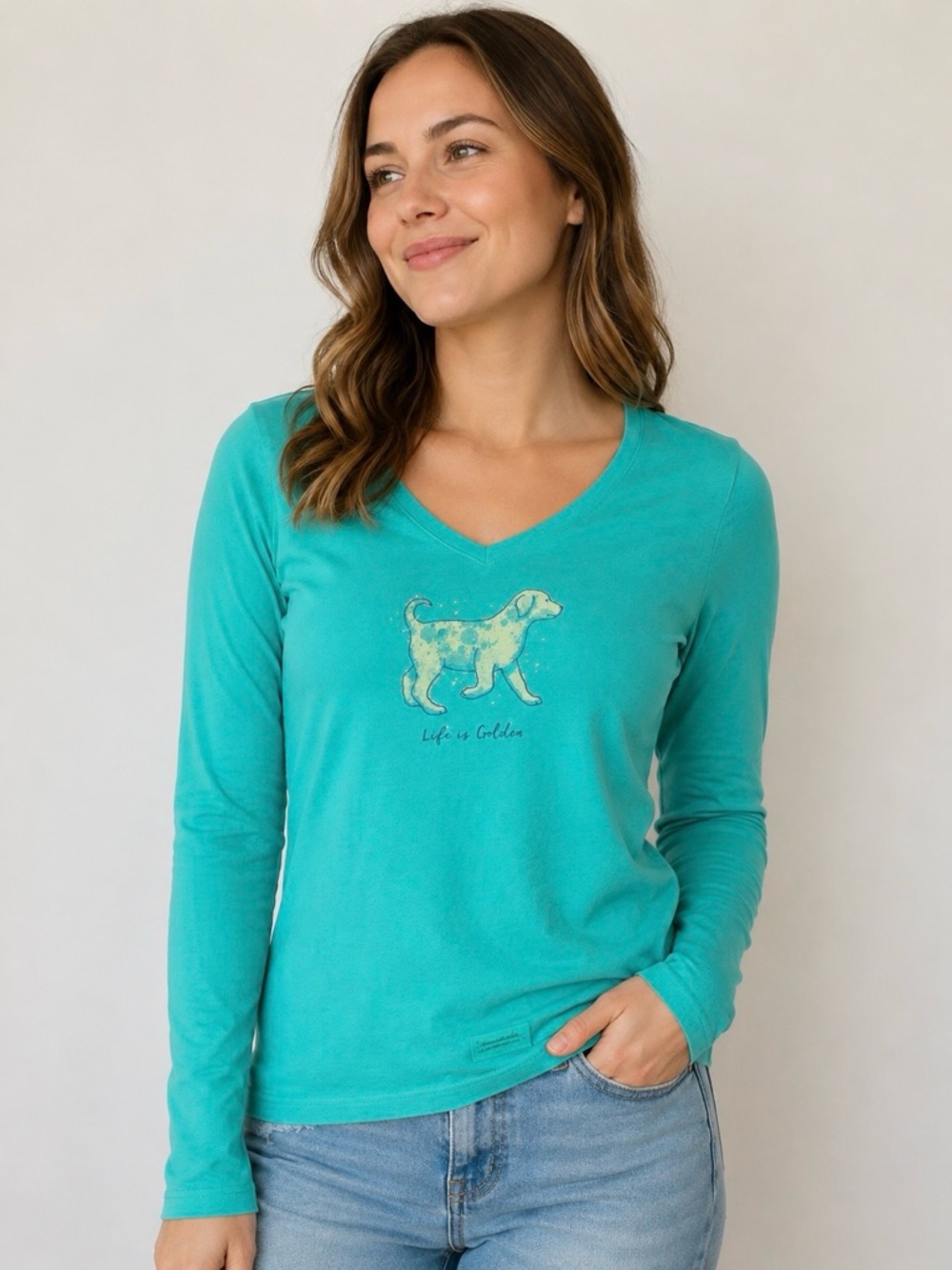 Life Is Good Golden Retriever Crusher Tee Long Sleeve V Neck Teal Small